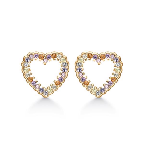 Støvring Design's Store hjerte ørestikker i forgyldt sølv med regnbuefarvet zirkonia