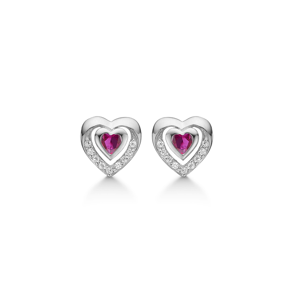 Smukke sølv ørestikker, hjerte med hvid topas og syntetisk rubin fra Støvring Design