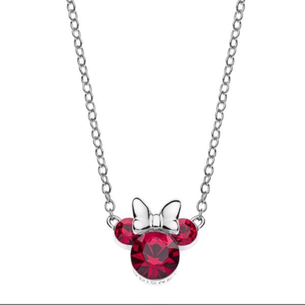 Disney\'s Minnie Mouse silhuet halskæde i røde sten med fin sølv sløjfe. Kæden måler 35-38-40 cm