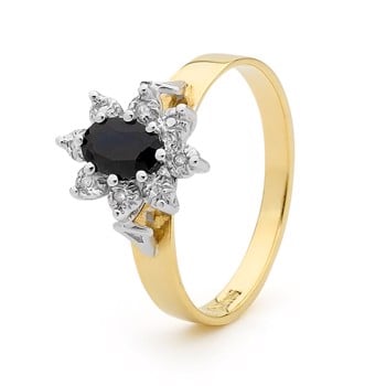 Guld fingerring, blomst af mørk safir og 4 stk J-P2 0,005 ct diamanter