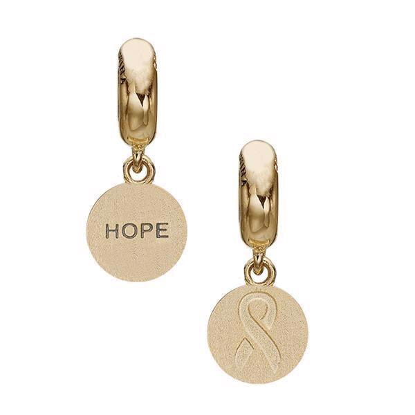 Støt Brysterne hænge charm til sølvarmbånd fra Christina, forgyldt Ø 10 mm medaljon med "Knæk cancer sløjfen" på den ene side og teksten "Hope" på den anden