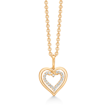 Sødt 14 kt. guld vedhæng med dobbelt hjerte. Det inderste med zirconia i kanten. Det symboliserer "Mor & Barn" fra Støvring Design