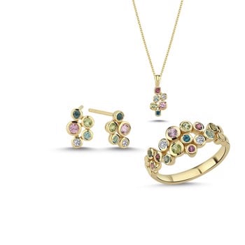 14 kt rødguld Bubbles multicolour smykkesæt med i alt 0,12 ct diamanter Wesselton SI