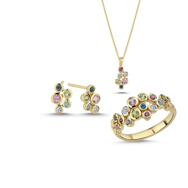 14 kt rødguld Bubbles multicolour smykkesæt med i alt 0,12 ct diamanter Wesselton SI
