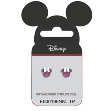 Stål ørestik Disney Minnie Mouse med lyserød ansigt og stål sløjfe.
