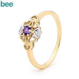 Multi hjerte guld ring med Ametyst og diamanter