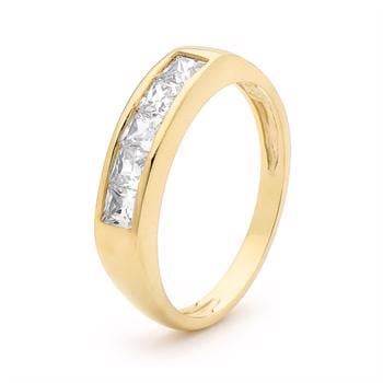 Guld ring med 5 x 3x3 mm zirkonia - ringmål 56