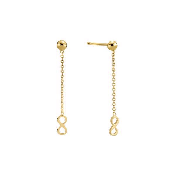 Smukke ørehængere i guld med uendelighedstegn på kæde, som hænger elegant fra øret fra Lund Copenhagen