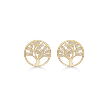 Elegante 10 mm ørestikker i 8 karat guld. Cirkel med Liveste Træ med glitrende zirkonia. fra Støvring Design