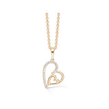 Støvring Design's smukke 14 karat guld vedhæng, , asymetrisk hjerte med mindre hjerte inden i, halvdelen af det største er fuld besat af glitrende zirkonia, leveres med forgyldt kæde 42+3 cm