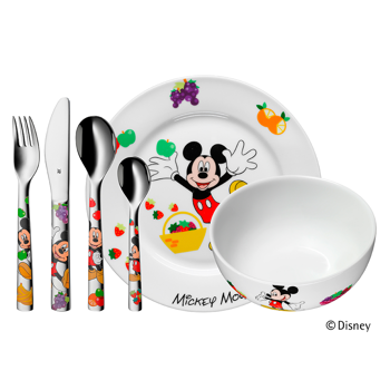Porcelæn/stål barnesæt m. 6 dele m. Mickey Mouse, fra Noa Kids
