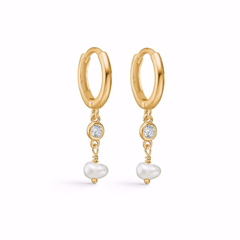 Forgyldte creoler med ovale perler og zirkonia fra Guld & Sølv Design