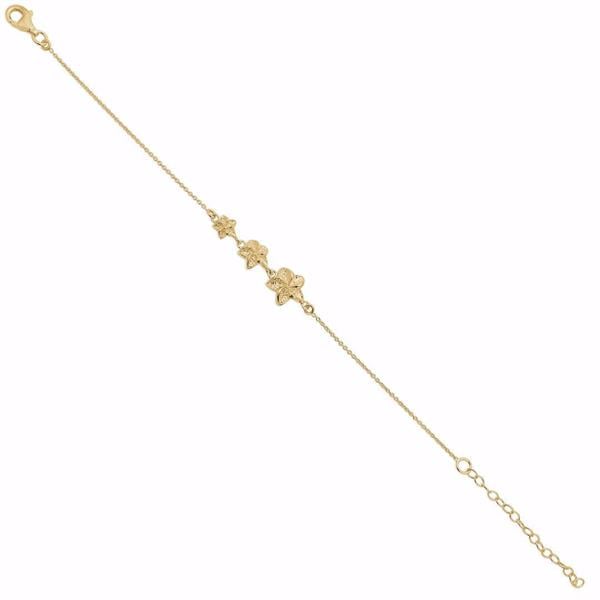 Forgyldt armbånd med tre blomster-motiver, justerbar længde og karabinlås.