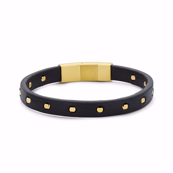 Sort læderarmbånd med guldfarvede nitter og guldfarvet lukning, cirkulær form.