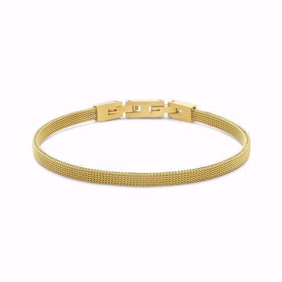 Guld armbånd med mesh-design og fold-over lås i midten.