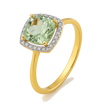 14kt. guldring, roset m/stor grøn ametyst og 0,085 ct diamanter W/SI
