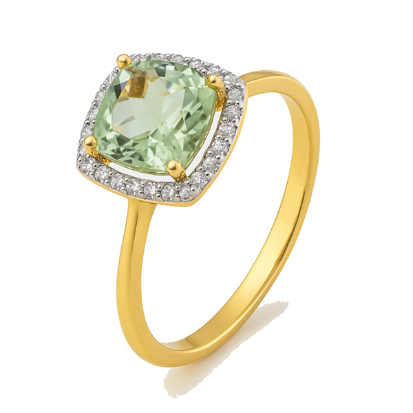 14kt guldring med stor grøn ametyst og diamanter i rosetdesign.
