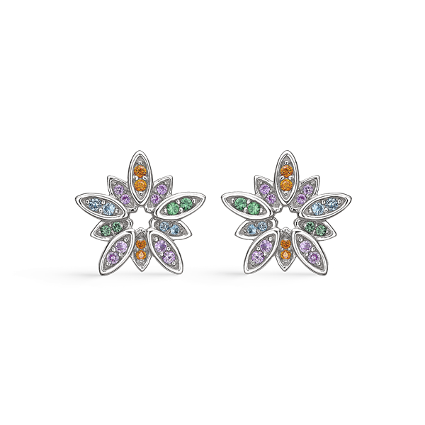 Elegante  sølv ørestikker med en blomst fyldt med farvede zirconia.  fra Støvring Design