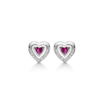 Smukke sølv ørestikker, hjerte med hvid topas og syntetisk rubin fra Støvring Design