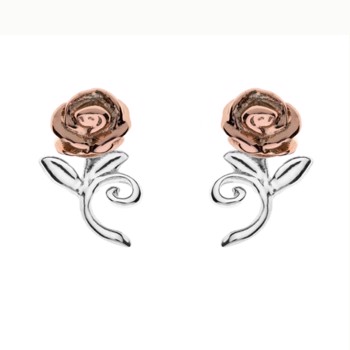 Disney's Smukke rose ørestikker i sølv med rosaforgyldte blade. Rosen er symbolet fra Disney klassikeren, Skønheden og Udyret. 