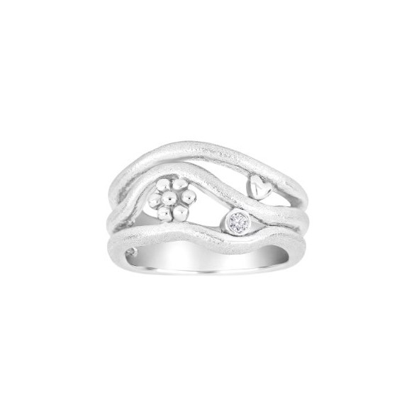 Siersbøl\'s Smuk trippel ring med blomst, hjerte og elegant zirkonia i rørfatning  i sterling sølv. (10060090950)