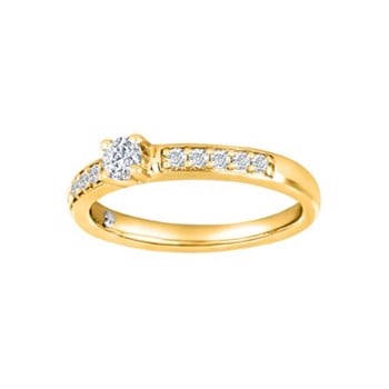 Siersbøl's Smuk alliance ring i 14 kt guld med flot diamant i 4 grab fatning og med 10 diamanter ned ad ringskinnen, samt lille hvidguldshjerte inde i ringen.