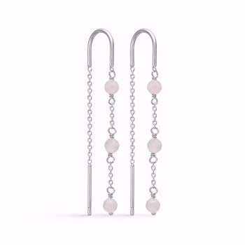 Øreringe med kæde, tre lyserøde sten og krogformet top til bæring.