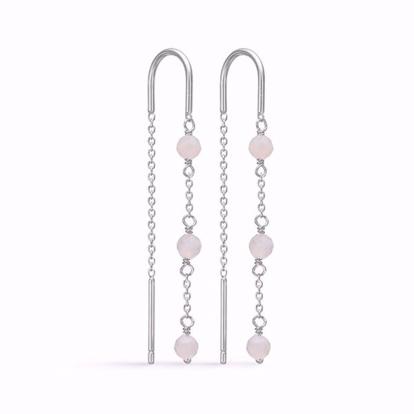 Øreringe med kæde, tre lyserøde sten og krogformet top til bæring.