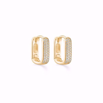 Forgyldte ovale creoler med klare sten på forsiden og glat, blank overflade.