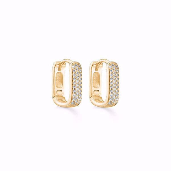 Forgyldte ovale creoler med klare sten på forsiden og glat, blank overflade.