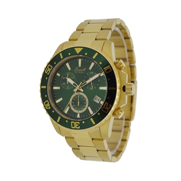 Bonett herreur med chronograh forgyldt m/ grøn skive