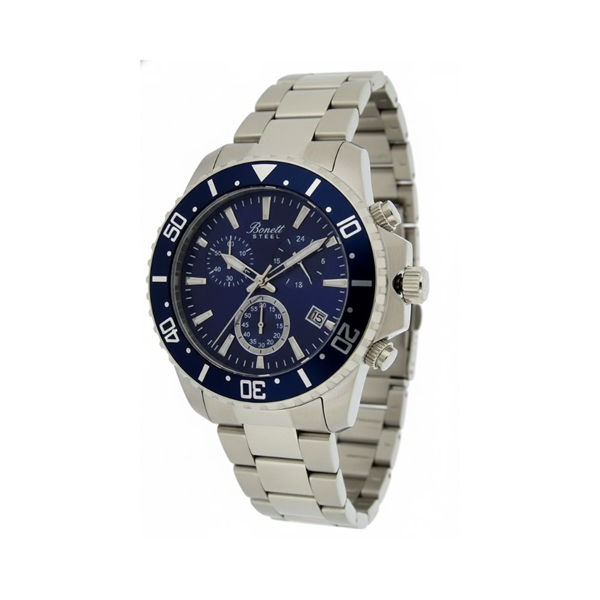 Bonett herre stål chronograph m/ blå urskive