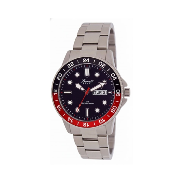 Dykkerur stålur m/ sort skive & rød/sort urkrans