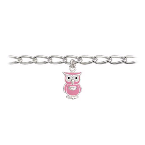 Støvring Design's søde sølv armbånd til børn med lille uglevedhæng, med lyserød og hvid emalje