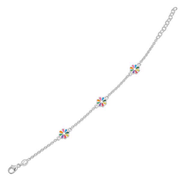Støvring Design\'s Super sødt pige armbånd med 3 regnbuefarvede blomster, 14 + 2 cm