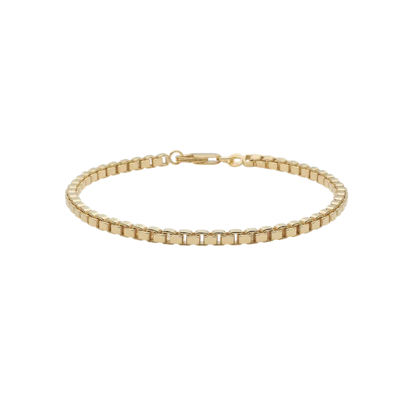 Armbånd med boks kæde og rektangulære led, 19 cm, forgyldt, elegant og ensartet design.
