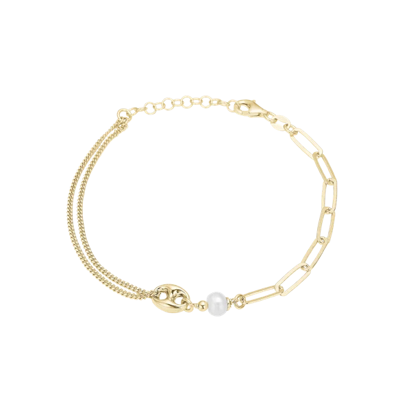 Elegant armbånd med flere kæder og en centralt placeret perle i forgyldt sølv.