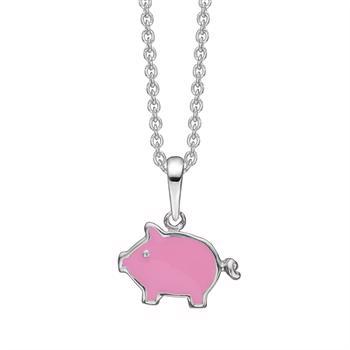 Støvring Design's Sødt lille vedhæng af gris med lyserød emalje, kæde 38 cm
