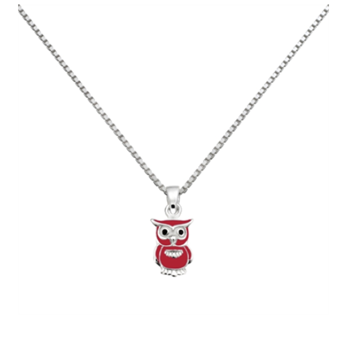 16223213, Støvring Design's sølv kæde med vedhæng til børn, med lille ugle vedhæng, med hvid og rød emalje, kæde 36 cm