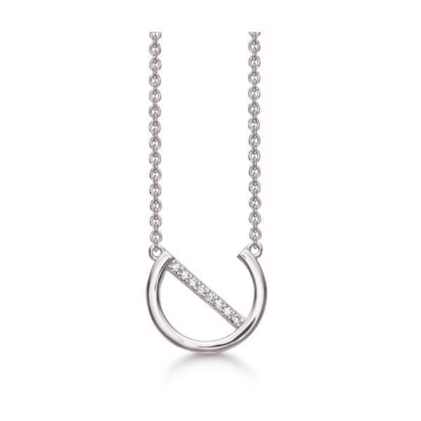 Støvring Design\'s smukke sølv kæde med 3/4 cirkel vedhæng med zirkonia besat stav igennem, leveres med 42 + 3 cm kæde