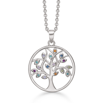 Flot sølv halskæde, livets træ i cirkel med zirconia i forskellige farver. Sølv kæde 42+3 cm medfølger fra Støvring Design