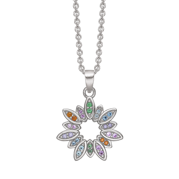 Smukt sølv vedhæng med en blomst fyldt med farvede zirconia. Kæden 42-45 cm medfølger. fra Støvring Design