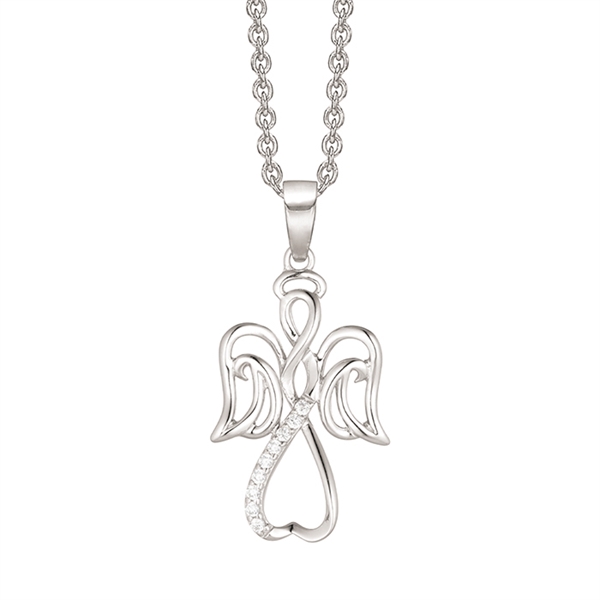 Smuk engel i sølv med detaljer med glitrende zirkonia. Leveres med 42-45 cm sølv kæde fra Støvring Design