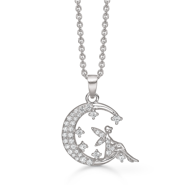 Sødt sølv månevedhæng med en fe og mange zirconia. Kæde på 45 cm medfølger fra Støvring Design
