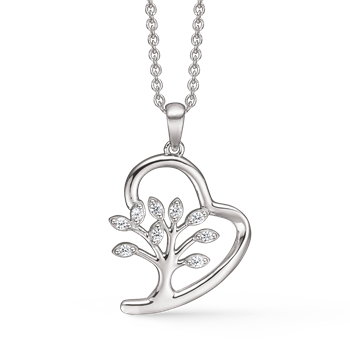 Smukt sølv hjerte vedhæng med livets træ med zirconia. Kæden 42-45 cm medfølger. fra Støvring Design
