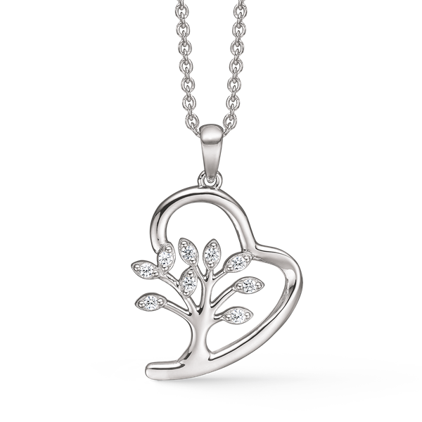 Smukt sølv hjerte vedhæng med livets træ med zirconia. Kæden 42-45 cm medfølger. fra Støvring Design