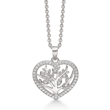 Smukt sølv hjertevedhæng med et livetstræ inden i, samt zirconia. Kæde på 45 cm medfølger fra Støvring Design