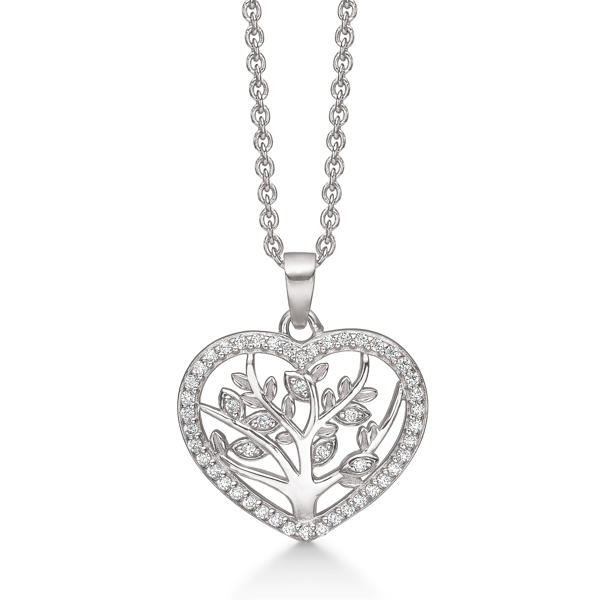 Smukt sølv hjertevedhæng med et livetstræ inden i, samt zirconia. Kæde på 45 cm medfølger fra Støvring Design