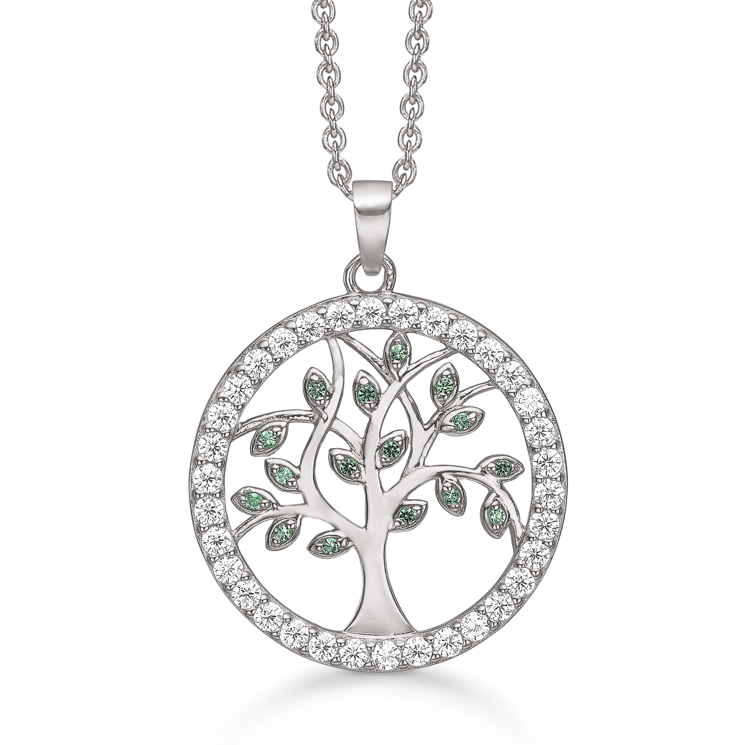 Seminary Krydderi Forsendelse 16249957, Flot sølv halskæde, livets træ i cirkel med hvide zirconia og  grøn i bladene. Sølv kæde 42+3 cm medfølger fra Støvring Design