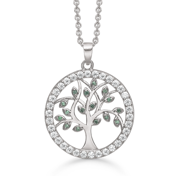 Flot sølv halskæde, livets træ i cirkel med hvide zirconia og grøn i bladene. Sølv kæde 42+3 cm medfølger fra Støvring Design